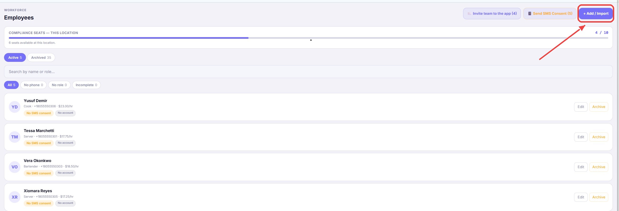 The Team page with the + Add / Import button highlighted