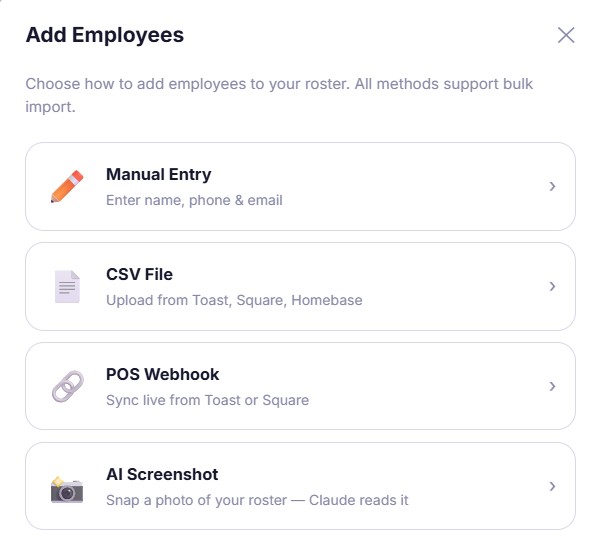 The Add Employees method picker: Manual Entry, CSV File, POS Webhook, AI Screenshot