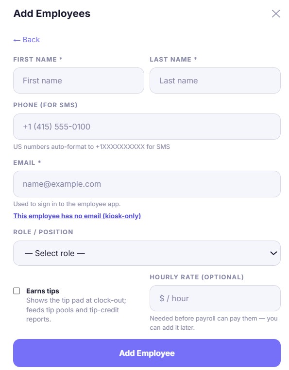 The manual Add Employee form with name, phone, email, role, tips, and rate fields