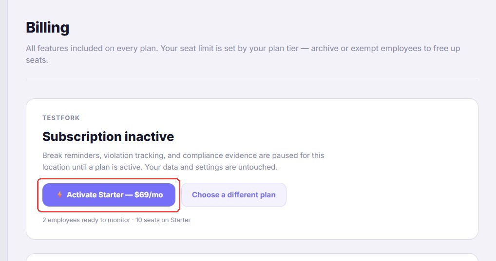 The Billing page showing per-location subscription cards