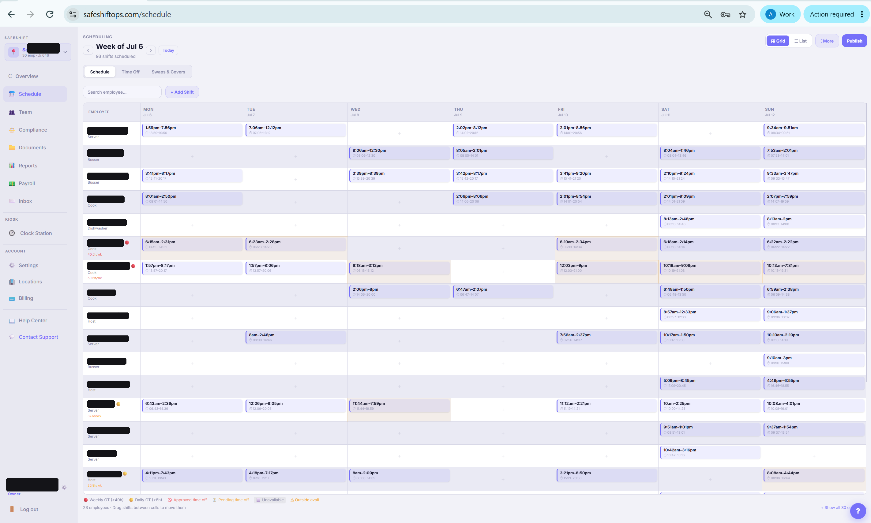 The weekly schedule grid with shifts