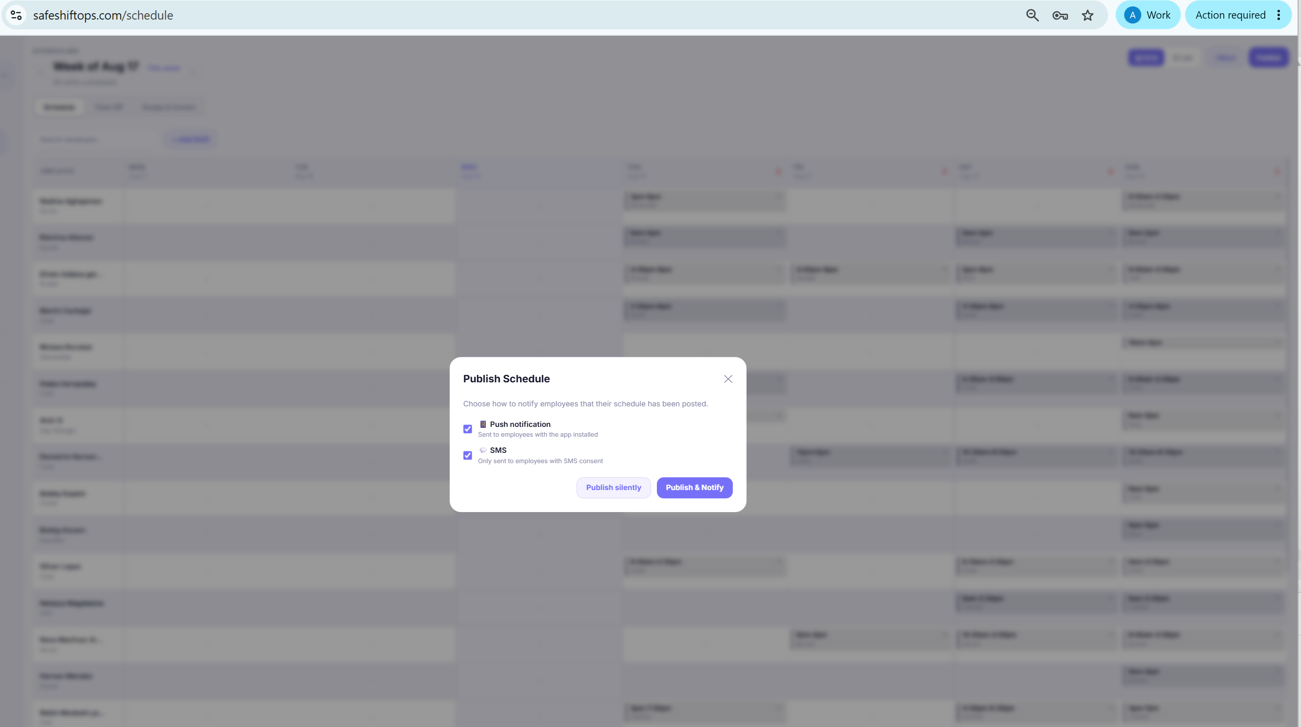 The publish modal with push and SMS notification toggles