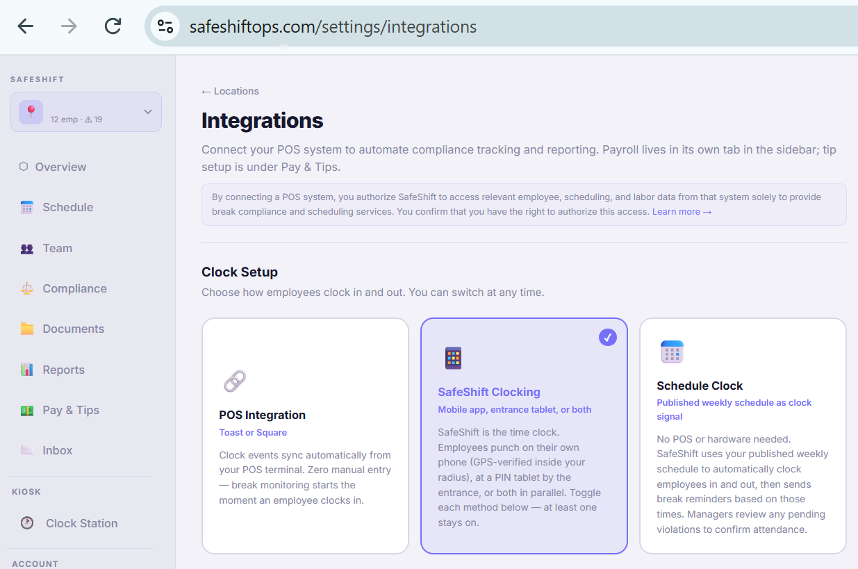 The three clock mode cards: POS Integration, SafeShift Clocking, and Schedule Clock
