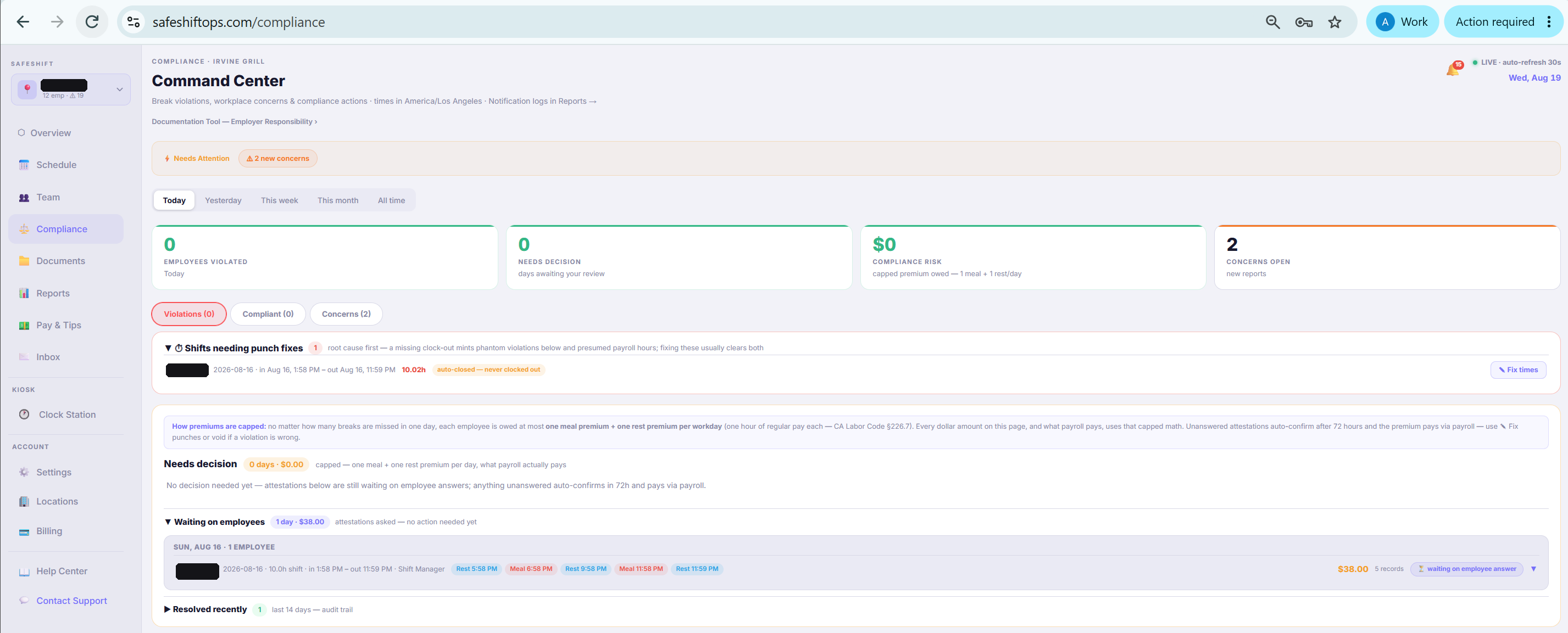 The compliance command center showing day cards in three buckets