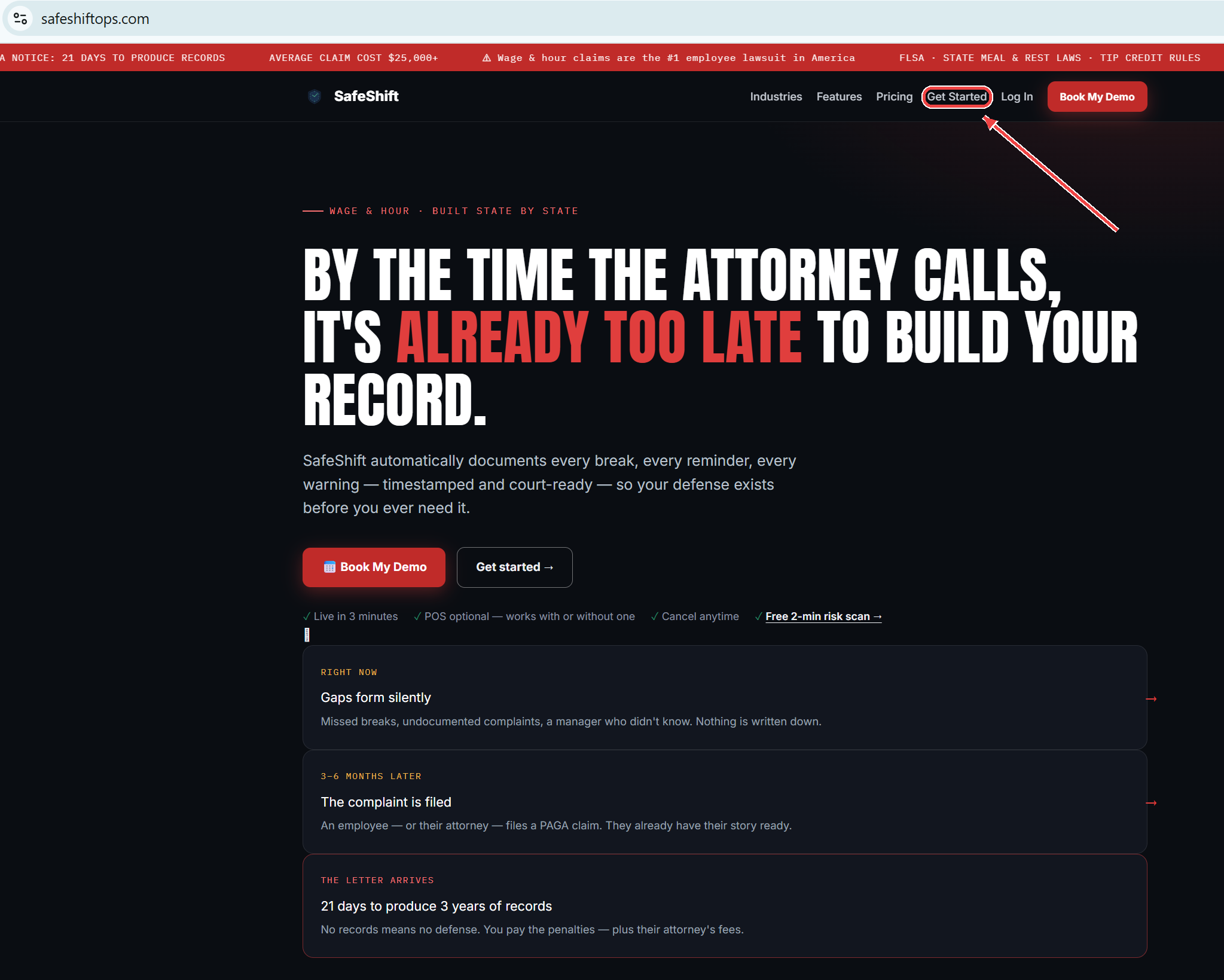 The SafeShift homepage with the Get Started button