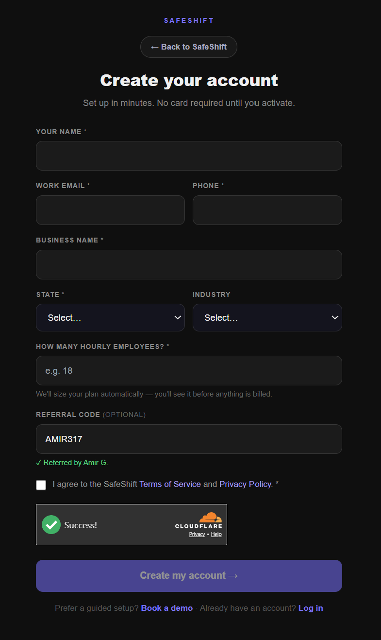 The SafeShift signup form