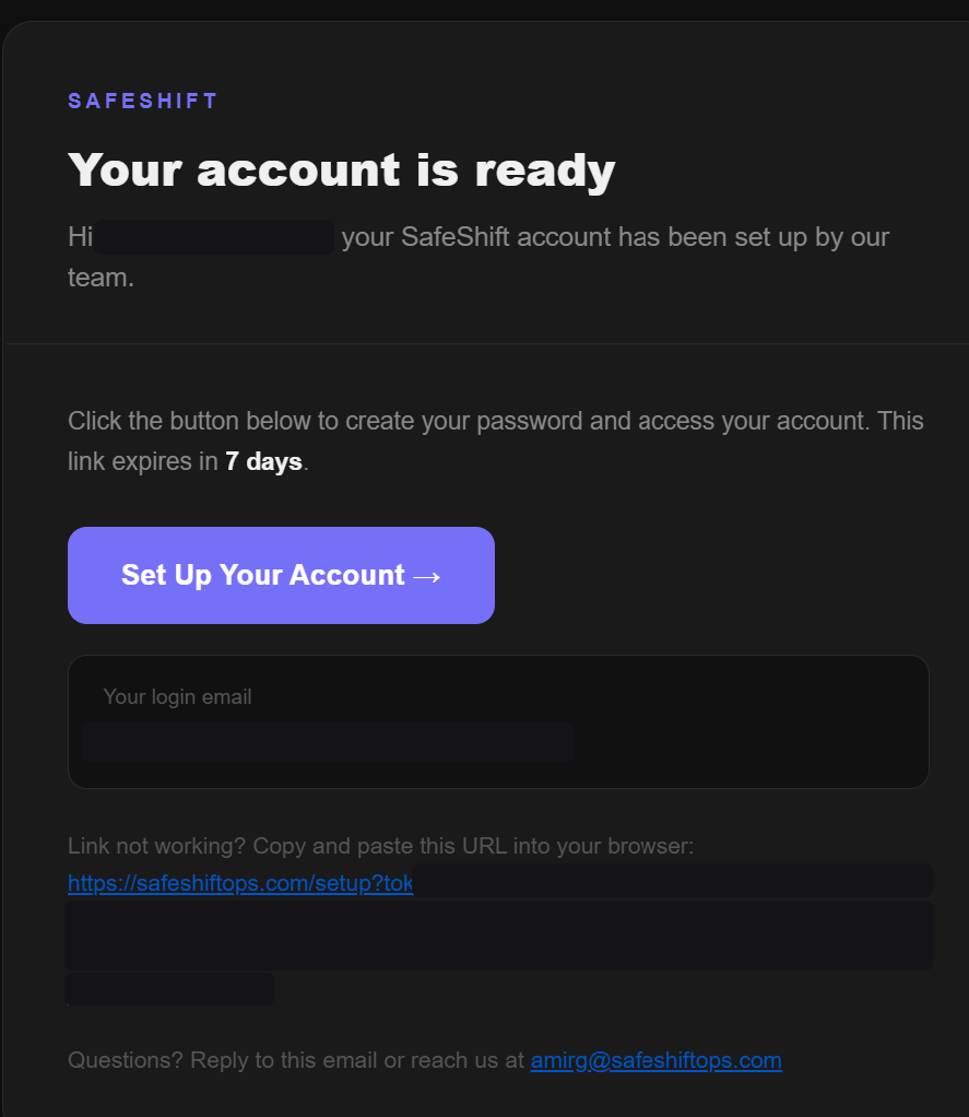 The setup email with the Set Up Your Account button