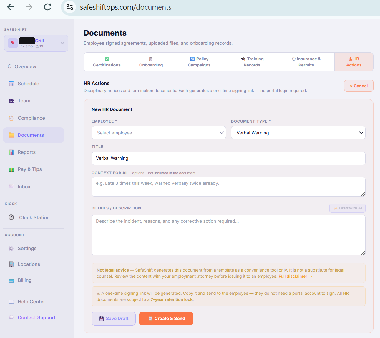 The HR Actions section on the Documents page
