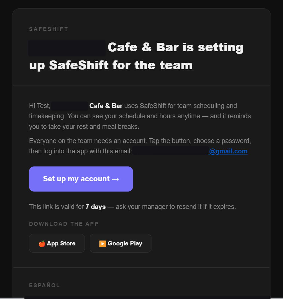 The bilingual invitation email with store badges