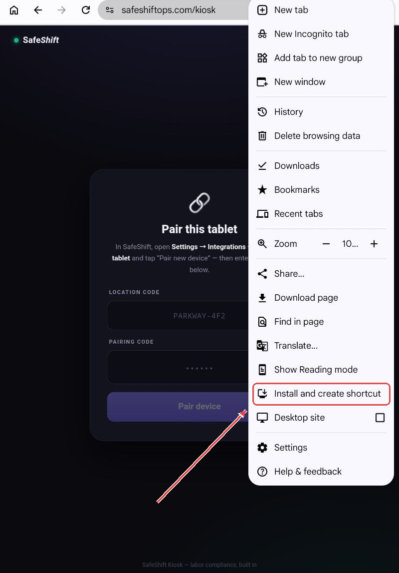 Chrome's Install and create shortcut menu on the tablet