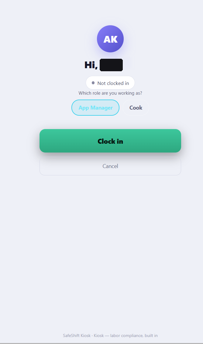 The kiosk punch screen after a PIN entry