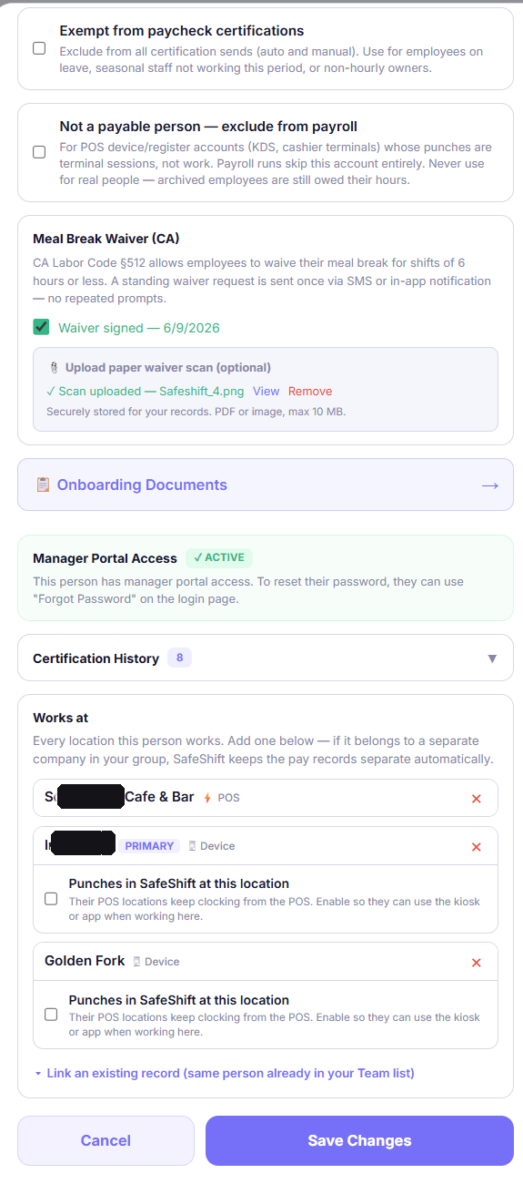 The employee editor showing the Works at location list