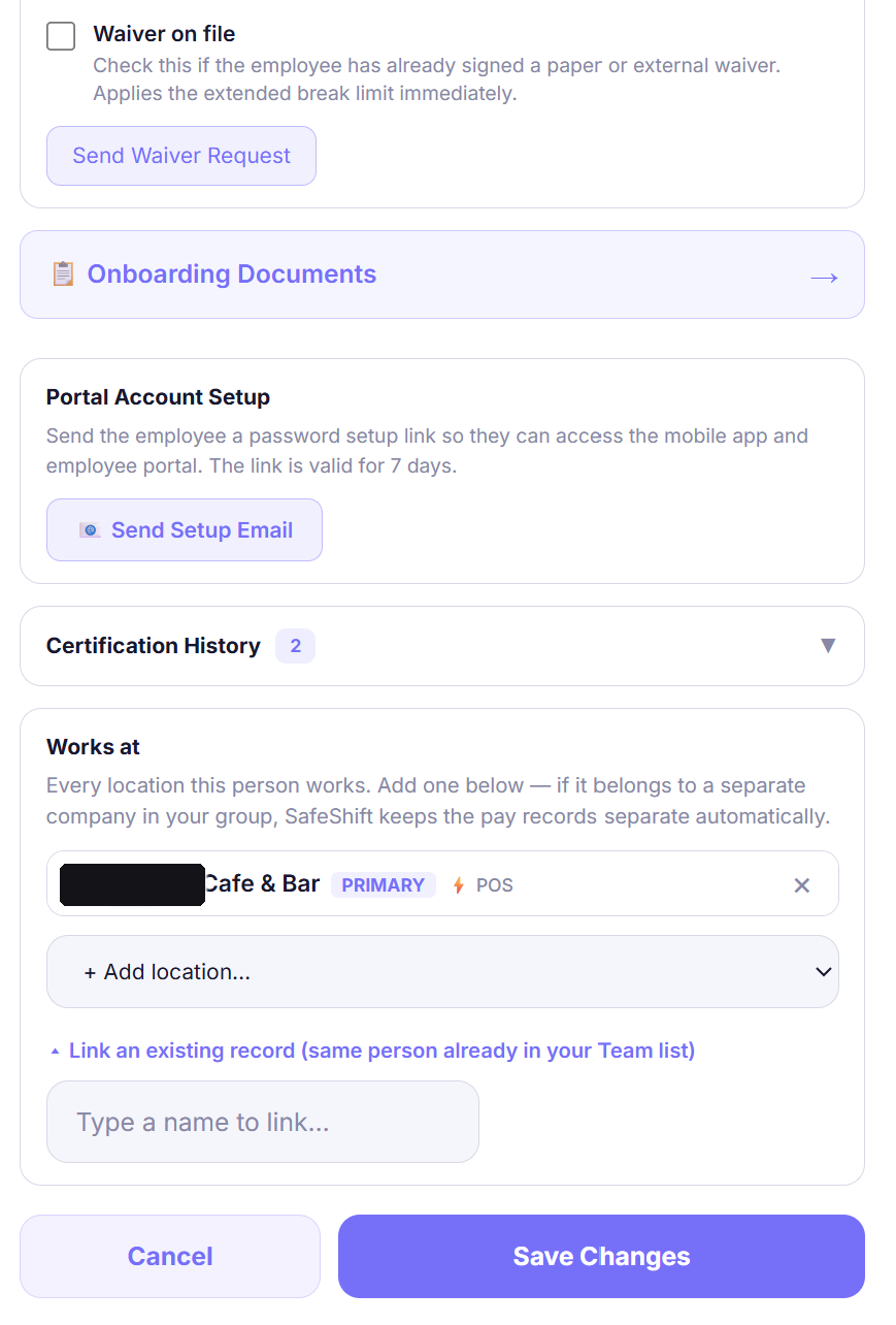 Linking an existing record from the employee's Works at section, showing the SEPARATE COMPANY card