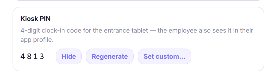 The Team page employee panel with the Reveal PIN and Reset controls