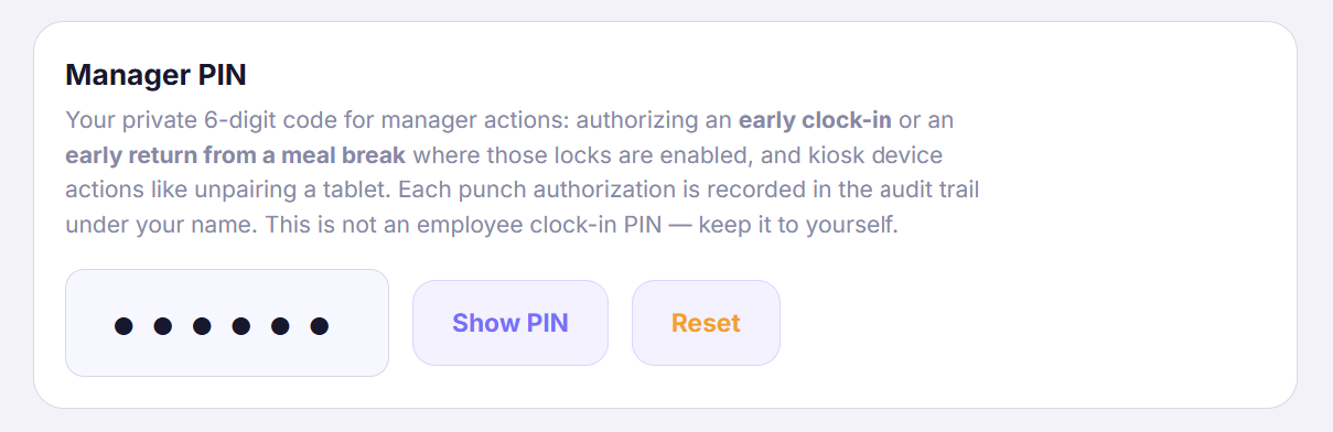 Settings โ My Account with the Manager PIN card revealed