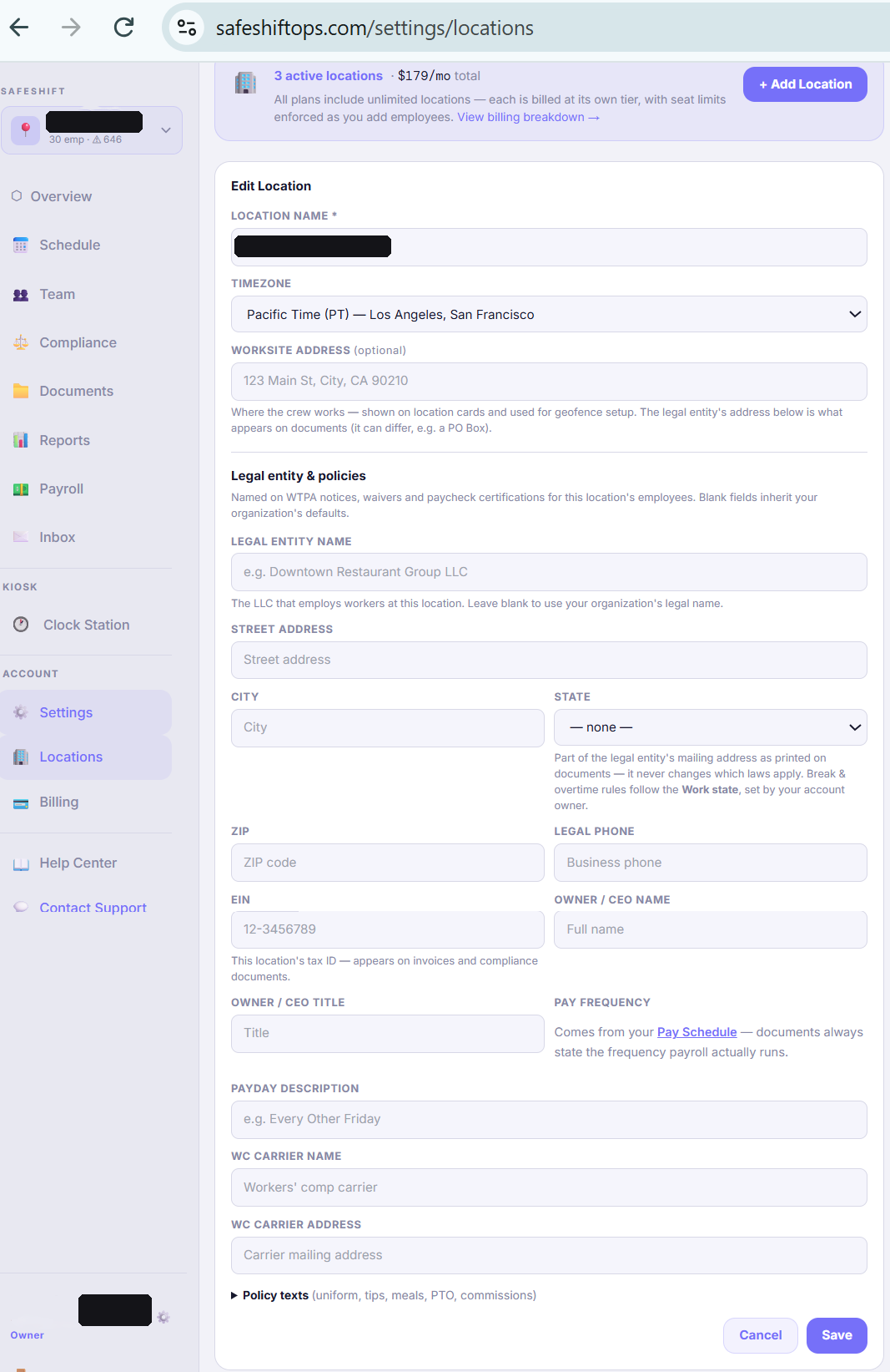 A location open in the editor showing name, address, work state, and timezone
