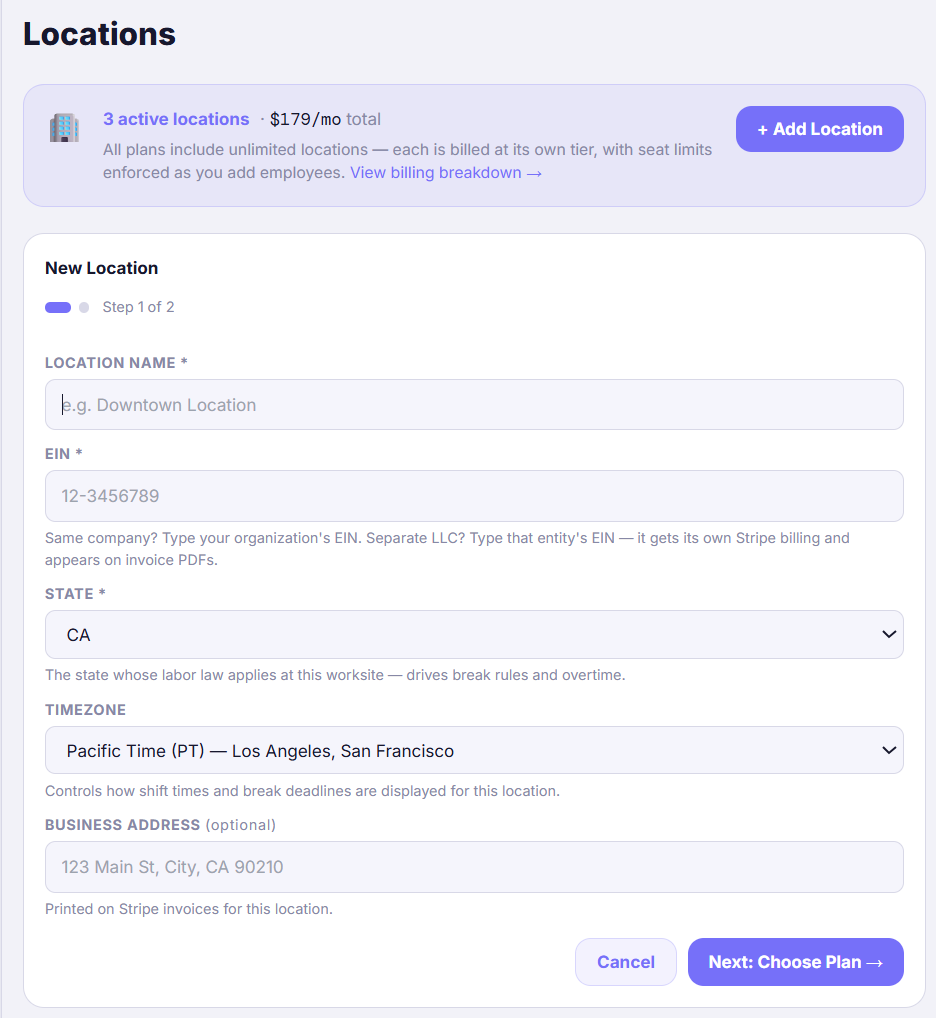 The New Location form with name, EIN, work state, and timezone fields