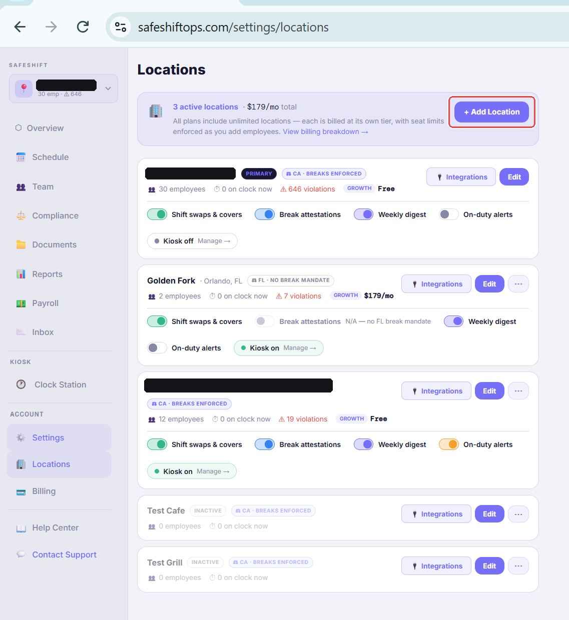 The Locations page with the + Add Location button highlighted