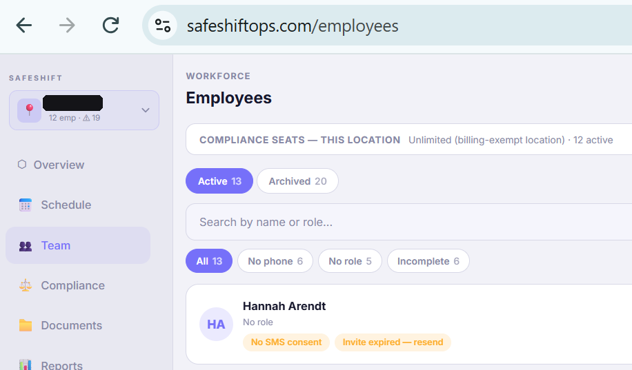 An employee row showing the No SMS consent chip