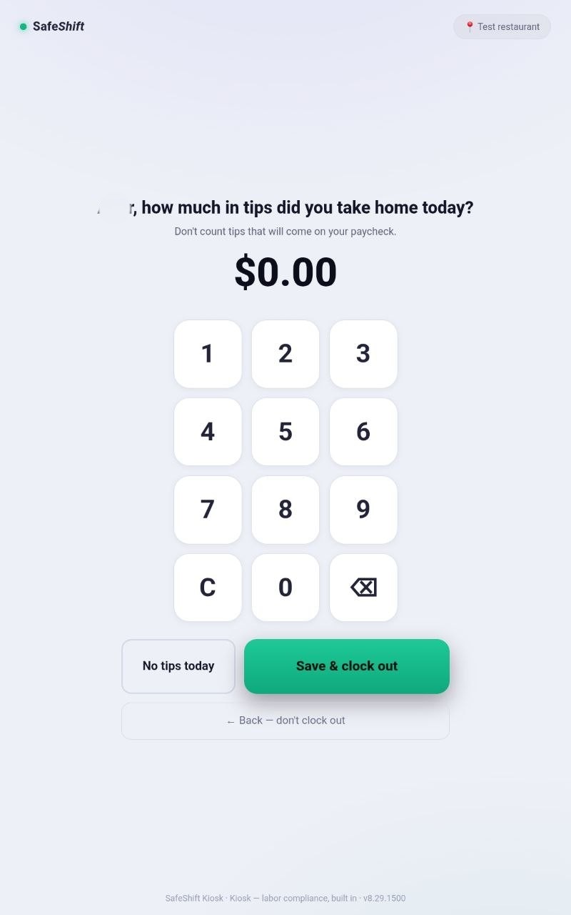 The kiosk tip declaration screen at clock-out with the amount keypad