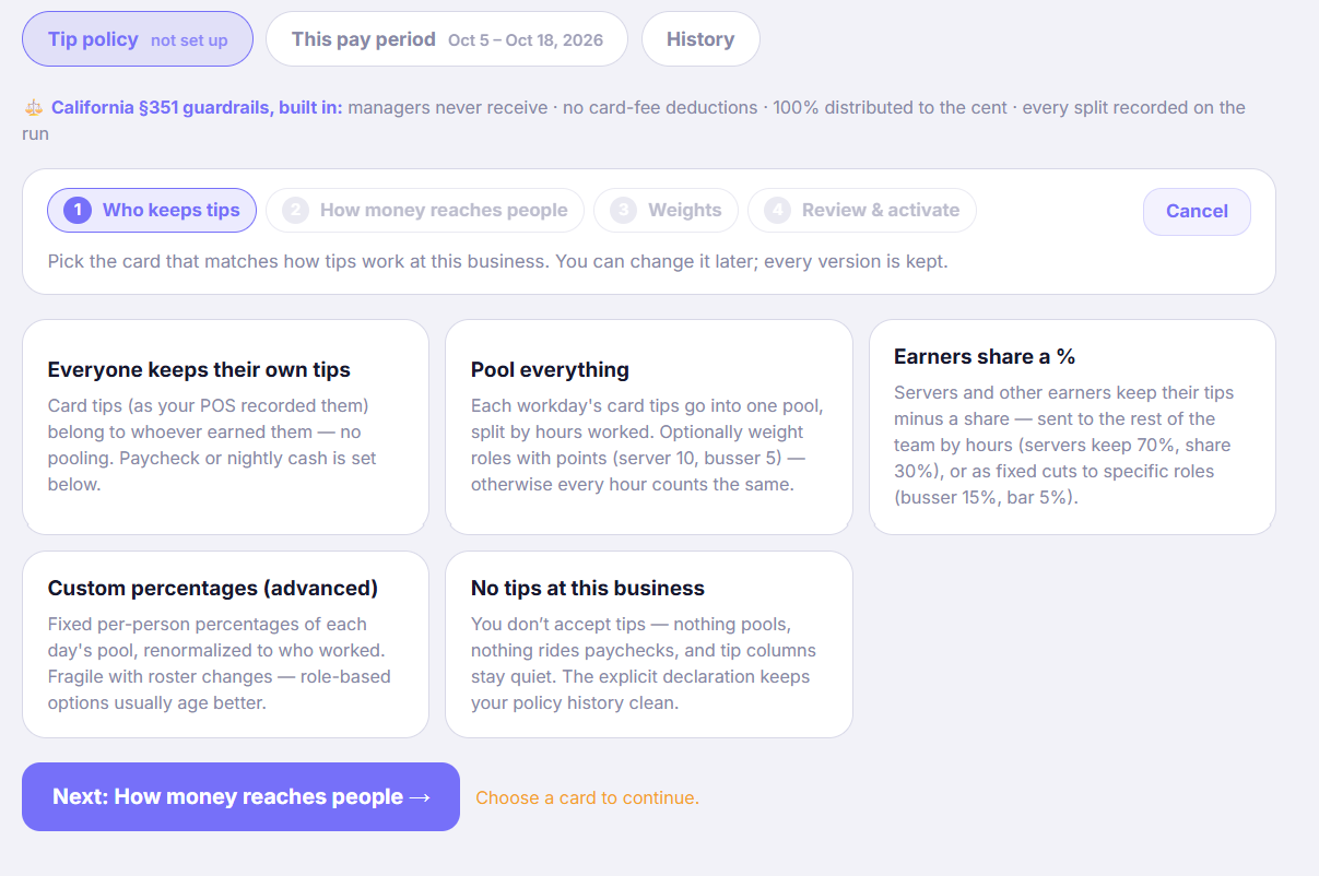 The Tip policy tab: the four setup steps and the five policy cards