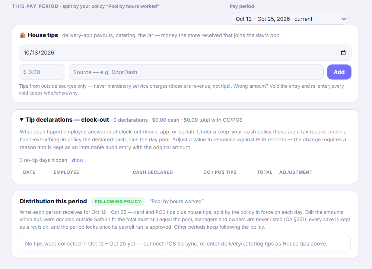 The This pay period tab with House tips, Tip declarations and Distribution this period